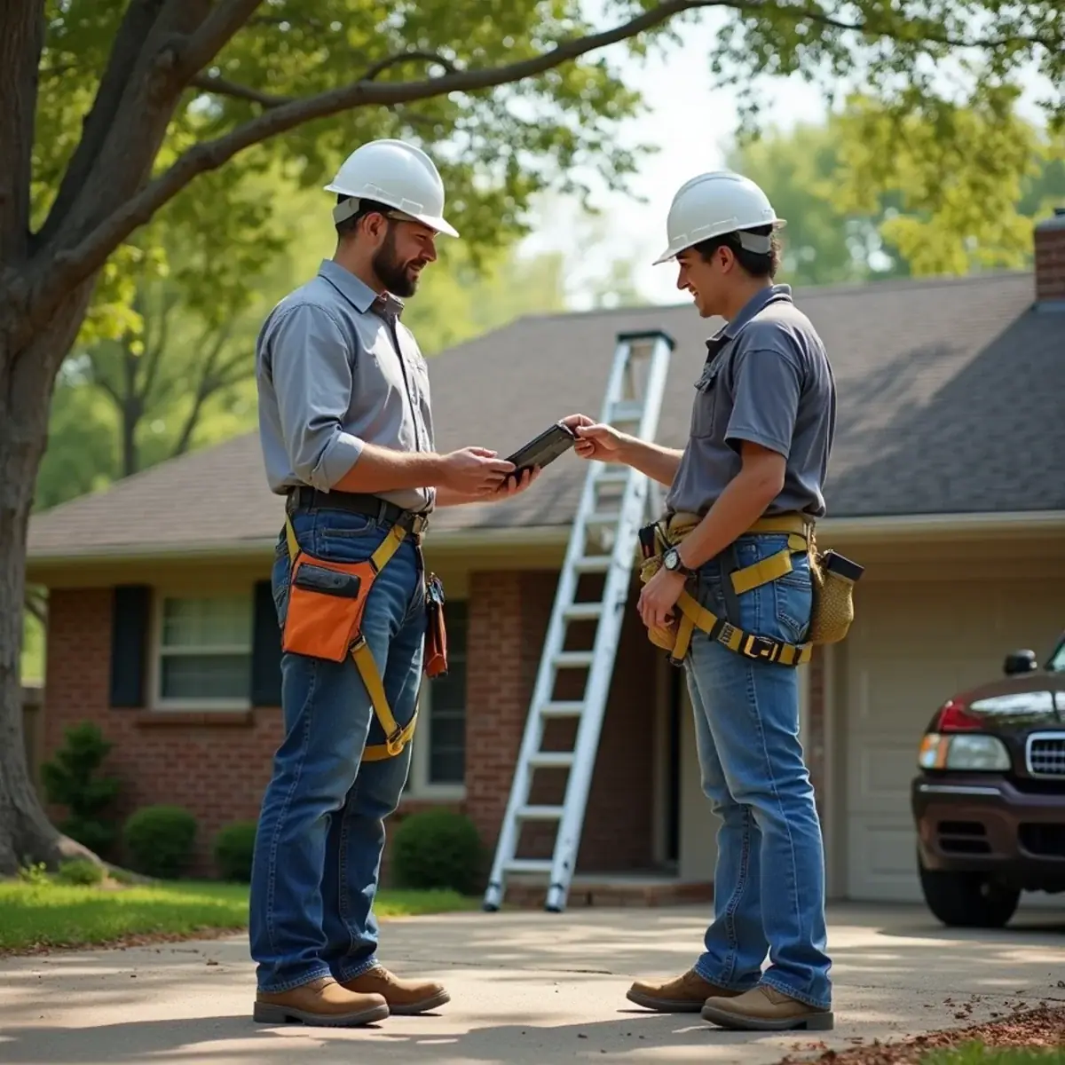 Roofer showing a homeowner photos of a cracked pipe boot on a tablet in a Little Rock, AR driveway