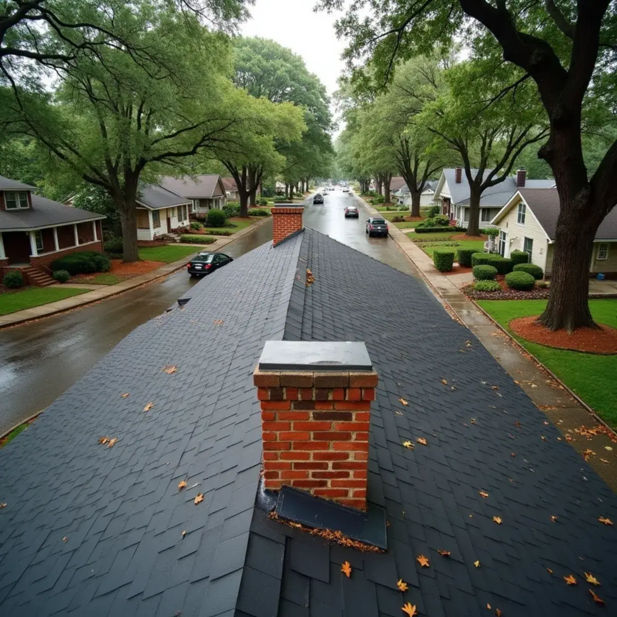 Steep shingle roof with a brick chimney and valleys on an older Hillcrest home in Little Rock, AR